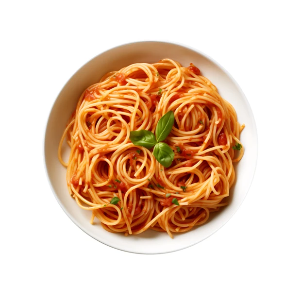 Spaghetti with tomato sauce and basil in a white bowl