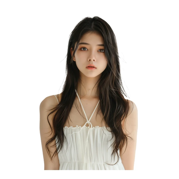 Beautiful young Asian woman with long hair on white background