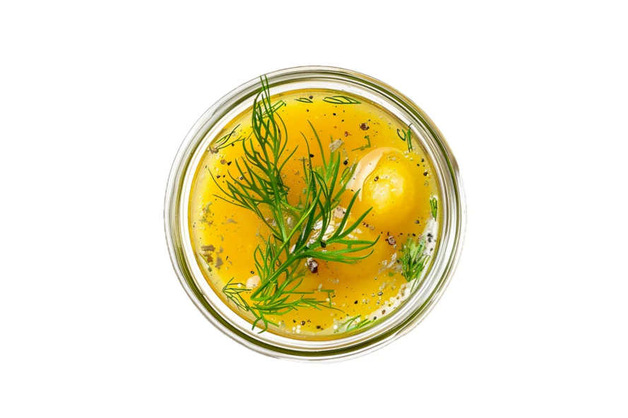 Overhead view of herbal salad dressing in glass jar