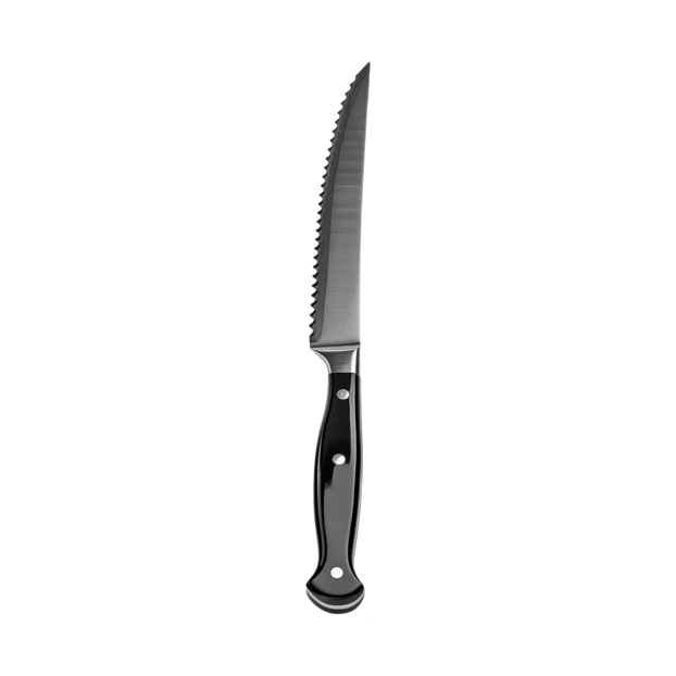 Serrated steak knife with black handle isolated on white background