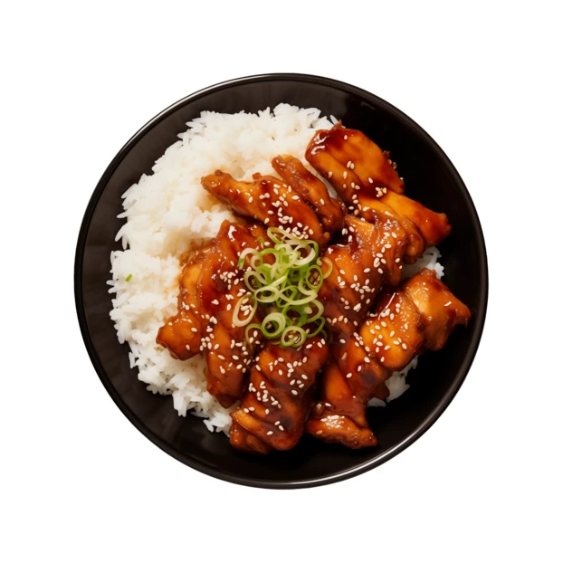 Chicken teriyaki with white rice in a black bowl