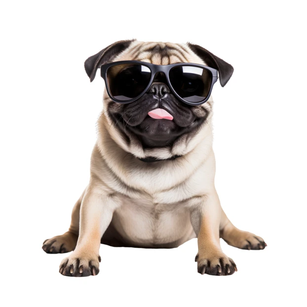 Funny pug dog wearing sunglasses isolated on white background