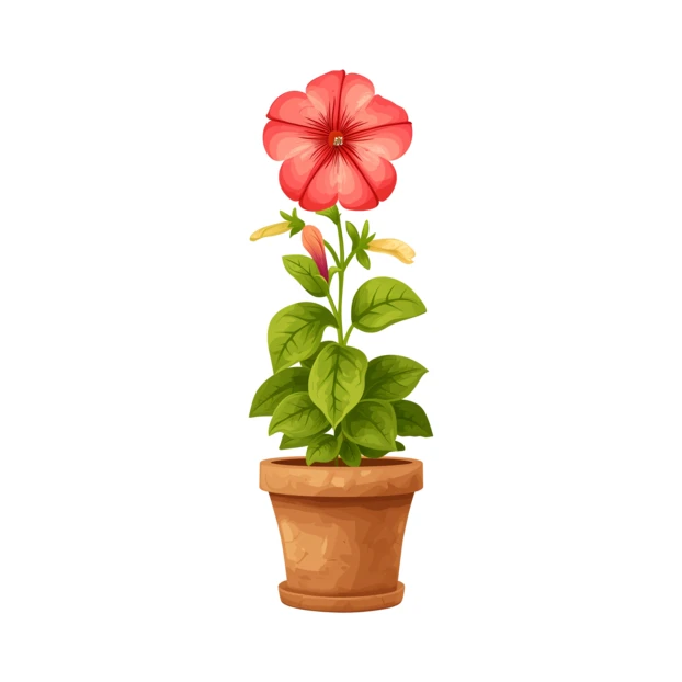 Red petunia flower in a terracotta pot illustration