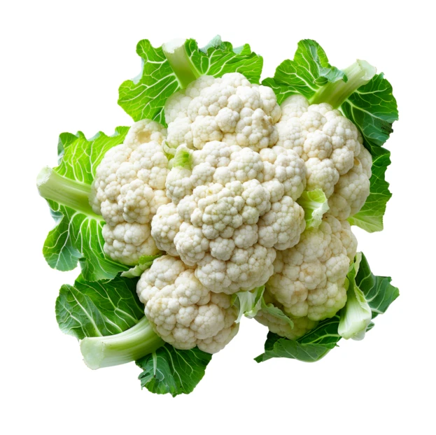 Whole raw cauliflower with green leaves isolated on white