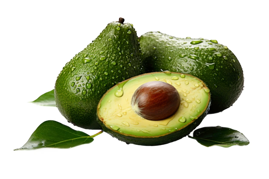 Fresh whole and halved avocados with water droplets on white