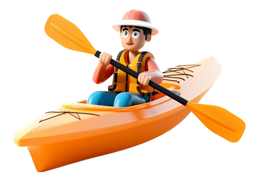 3D cartoon character paddling an orange kayak