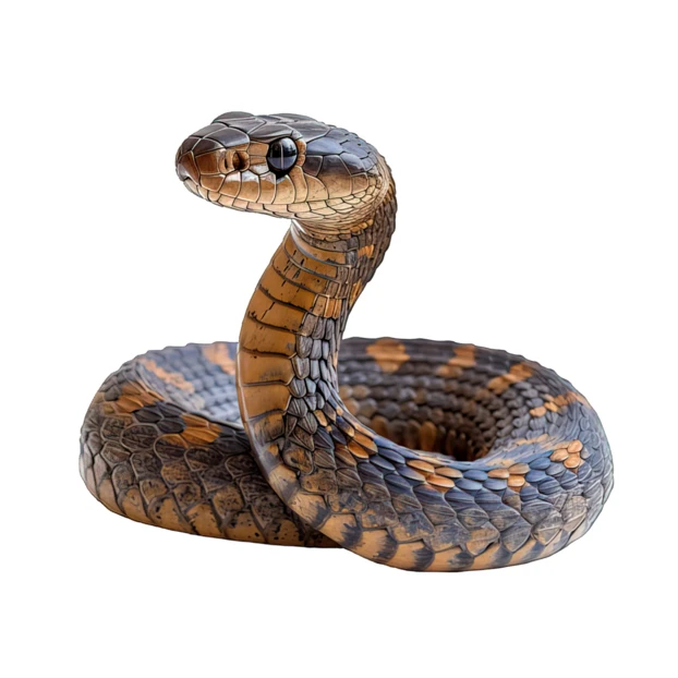 Coiled brown and black snake isolated on white background