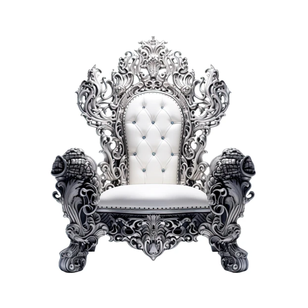 Ornate silver throne chair with white tufted upholstery