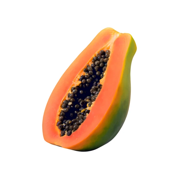 Fresh ripe papaya fruit half isolated on white background