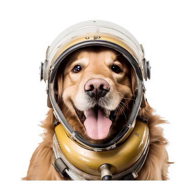 Smiling golden retriever dog wearing a vintage space helmet