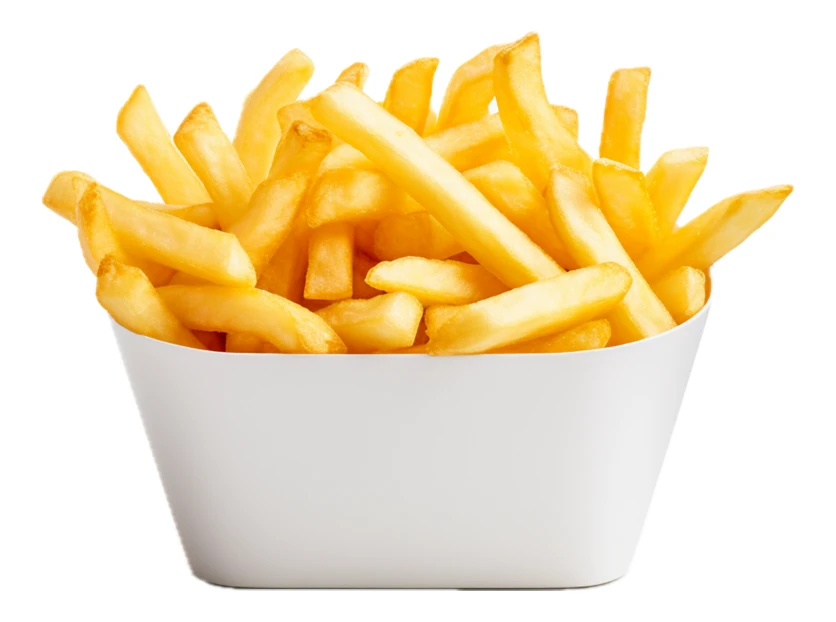 Crispy golden french fries in a white paper container