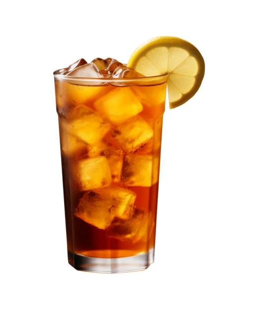 Glass of iced tea with lemon slice and ice cubes