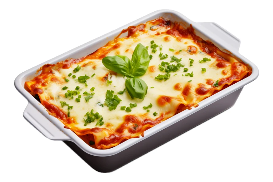 Freshly baked homemade lasagna in dish isolated on white