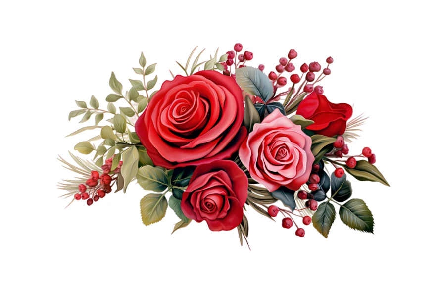 Floral bouquet of red and pink roses with berries