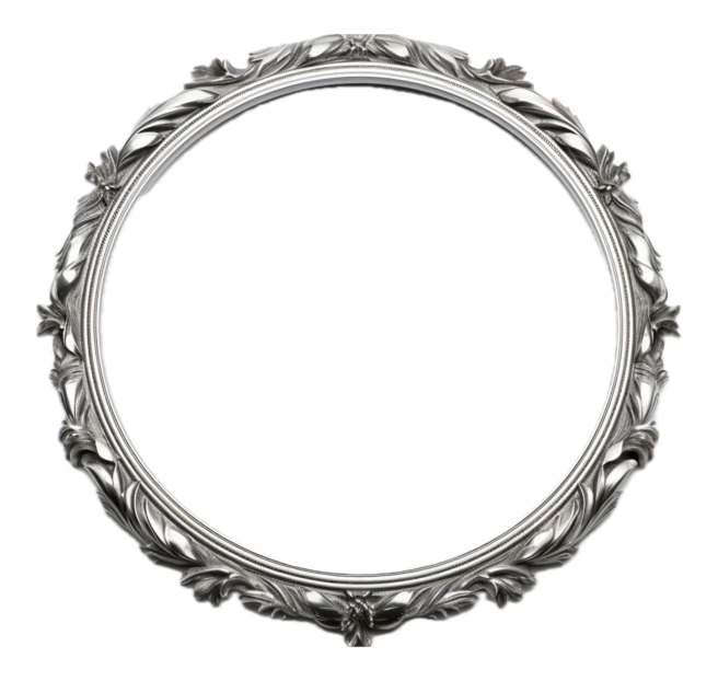 Ornate antique silver round frame isolated on white background