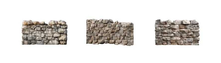 Three sections of rustic stone wall isolated on white