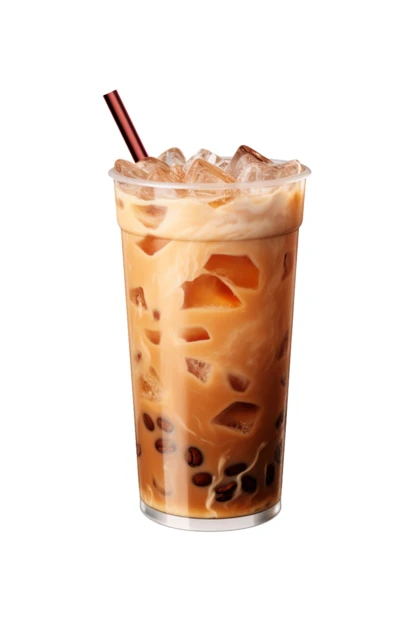 Iced bubble milk tea with tapioca pearls and straw