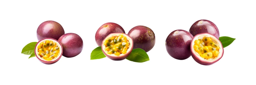 Fresh passion fruits whole and halved isolated on white