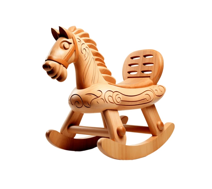 Handcrafted wooden rocking horse with decorative carvings isolated on white