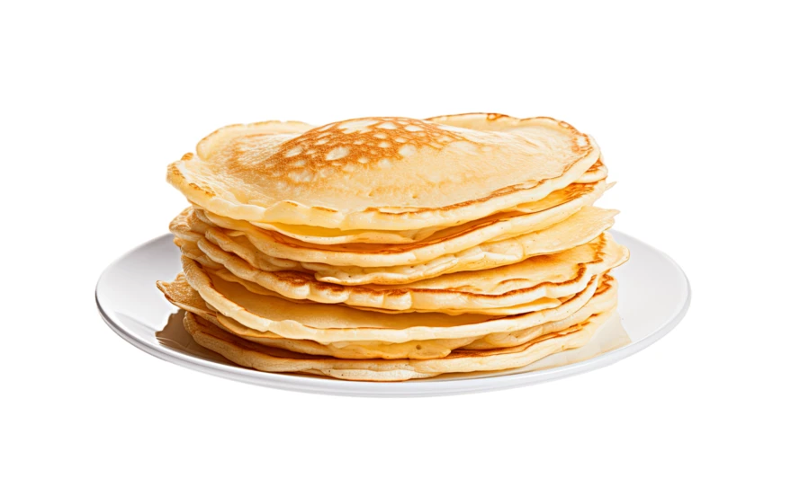 Stack of fresh golden pancakes on a white plate