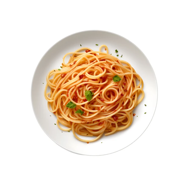 Spaghetti pasta with tomato sauce and herbs on white plate