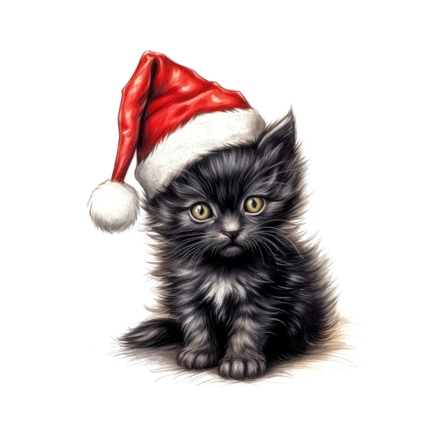 Cute fluffy black kitten wearing a red Santa hat