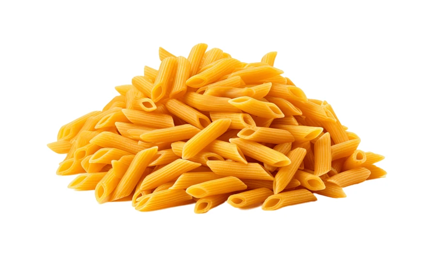 Heap of dry penne rigate pasta isolated on white