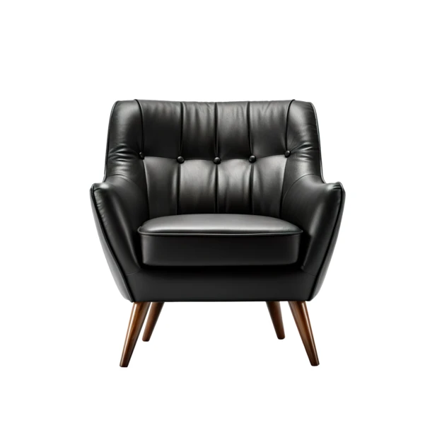Modern black leather tufted armchair with wooden legs