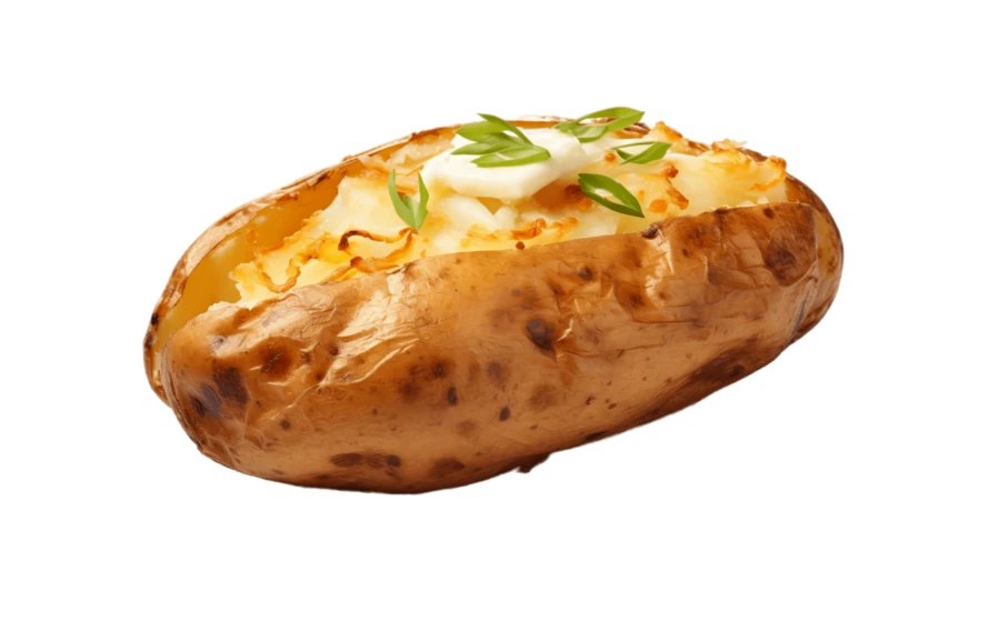 Loaded baked potato with butter and chives isolated on white