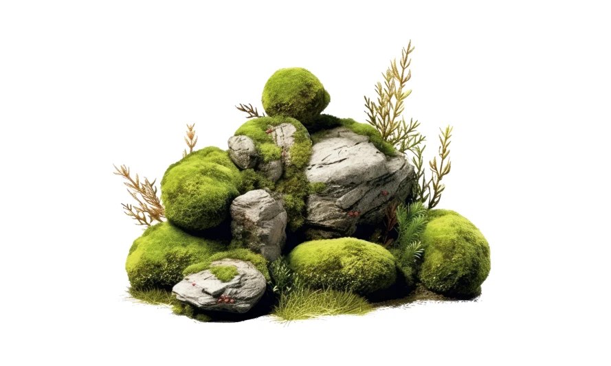 Green moss covered stones with small plants isolated on white