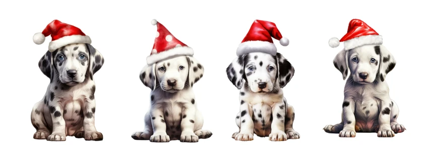 Four Dalmatian puppies wearing Santa hats on white background