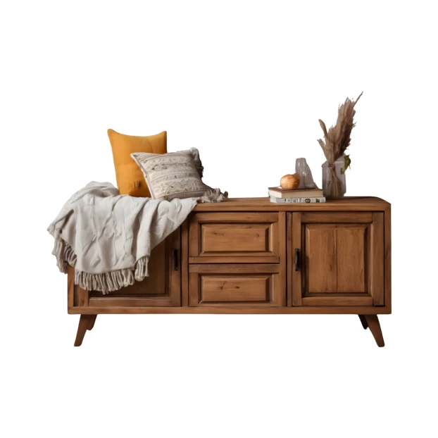 Rustic wooden sideboard with decorative pillows and throw blanket