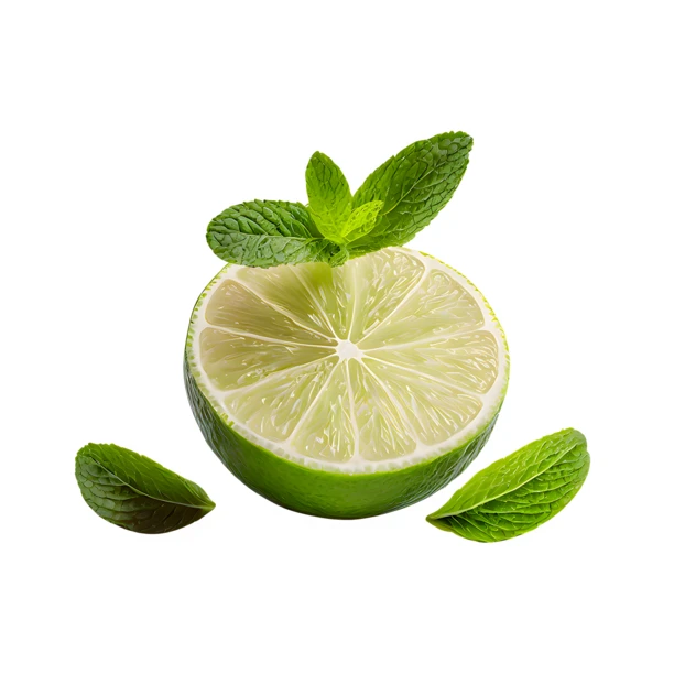 Fresh lime half with mint leaves isolated on white
