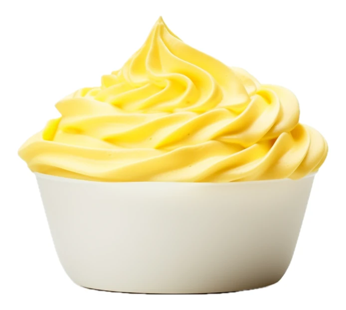 Yellow soft serve ice cream in white bowl isolated