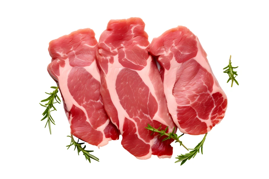 Raw pork neck steaks with fresh rosemary on white background