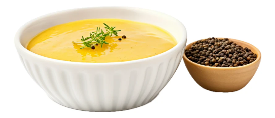 Yellow sauce in white bowl with black peppercorns isolated