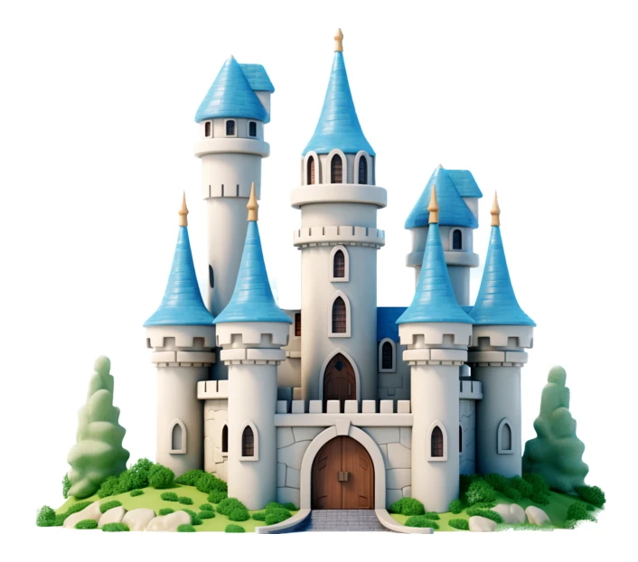 3D render of a cartoon fairytale castle with blue spires