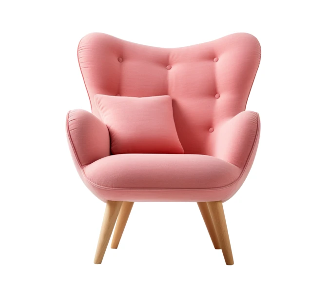 Pink modern armchair with pillow isolated on white background