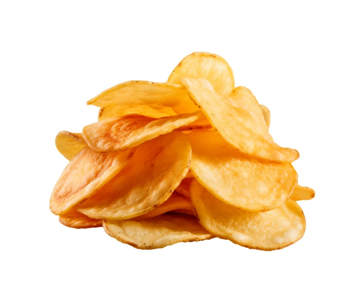 Pile of crunchy golden potato chips isolated on white