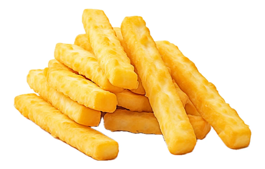 Crispy golden fried potato sticks on white background
