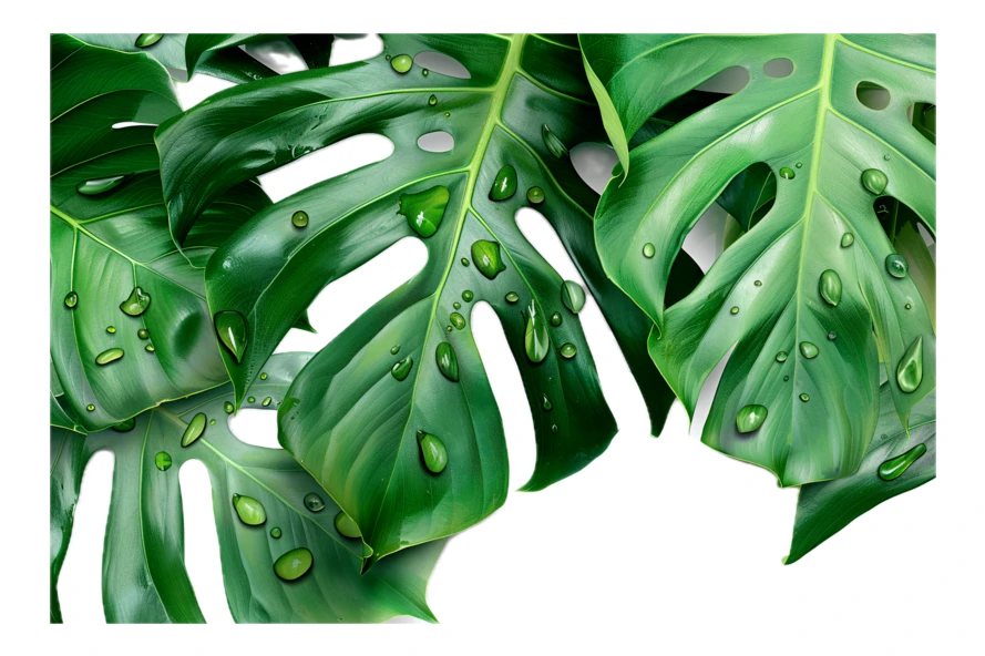 Vibrant green monstera leaves with water droplets on white